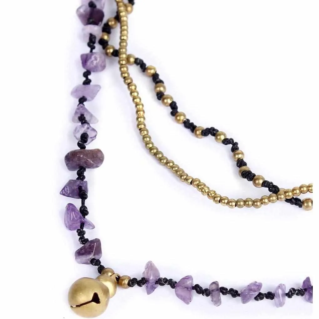 Amethyst and Jade with Brass Ball Necklace - Thailand