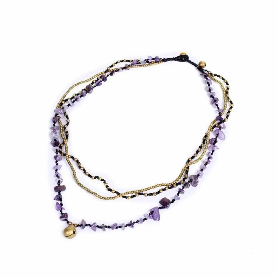 Amethyst and Jade with Brass Ball Necklace - Thailand