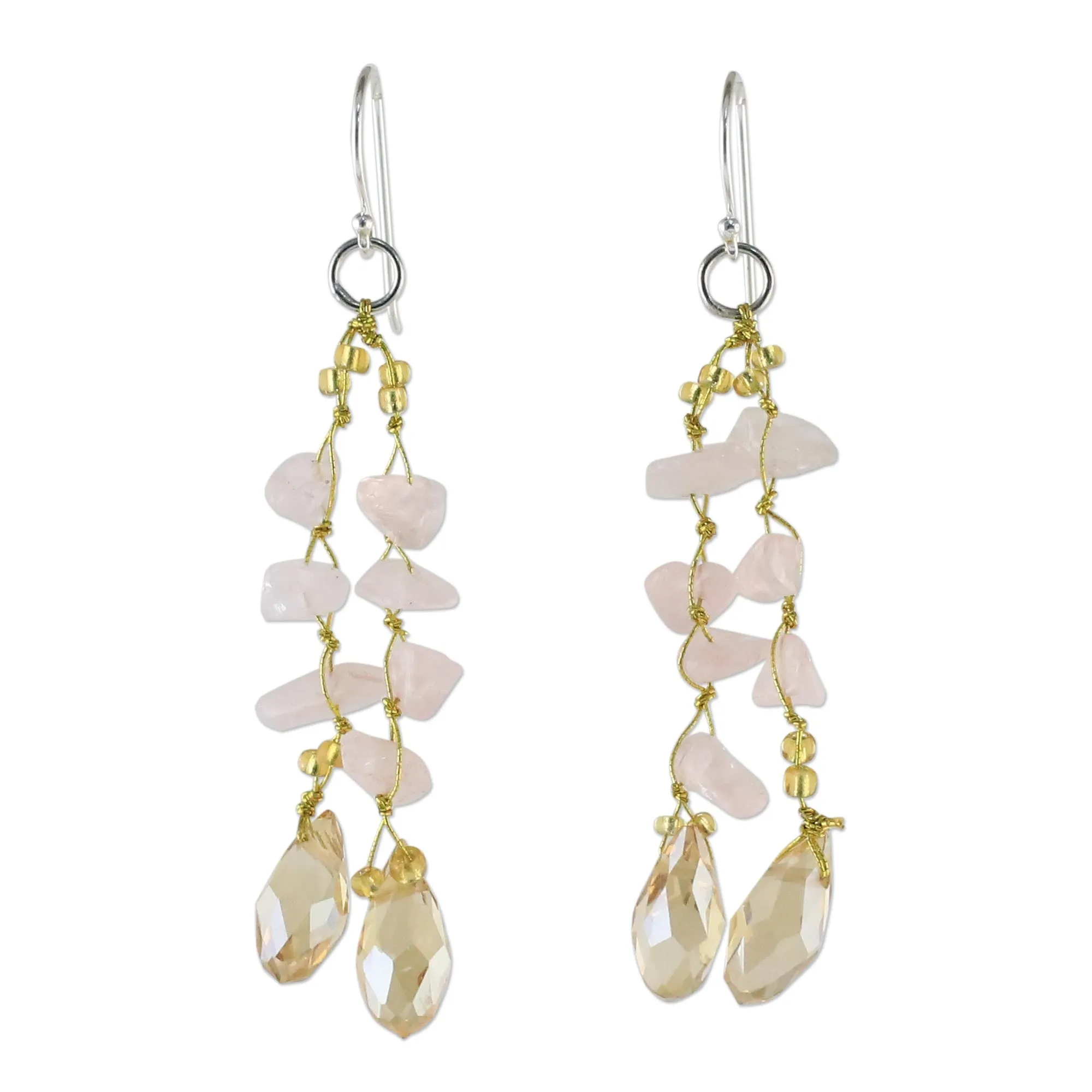 Crystalline Drops Rose Quartz and Glass Bead Dangle Earrings from Thailand