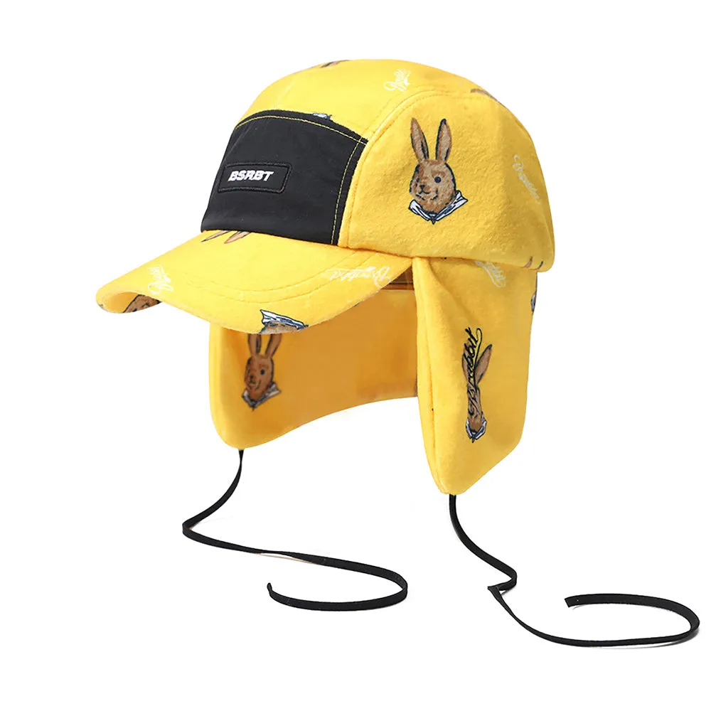 EARFLAP 5 PANEL FLEECE HAT BEAR RABBIT YELLOW