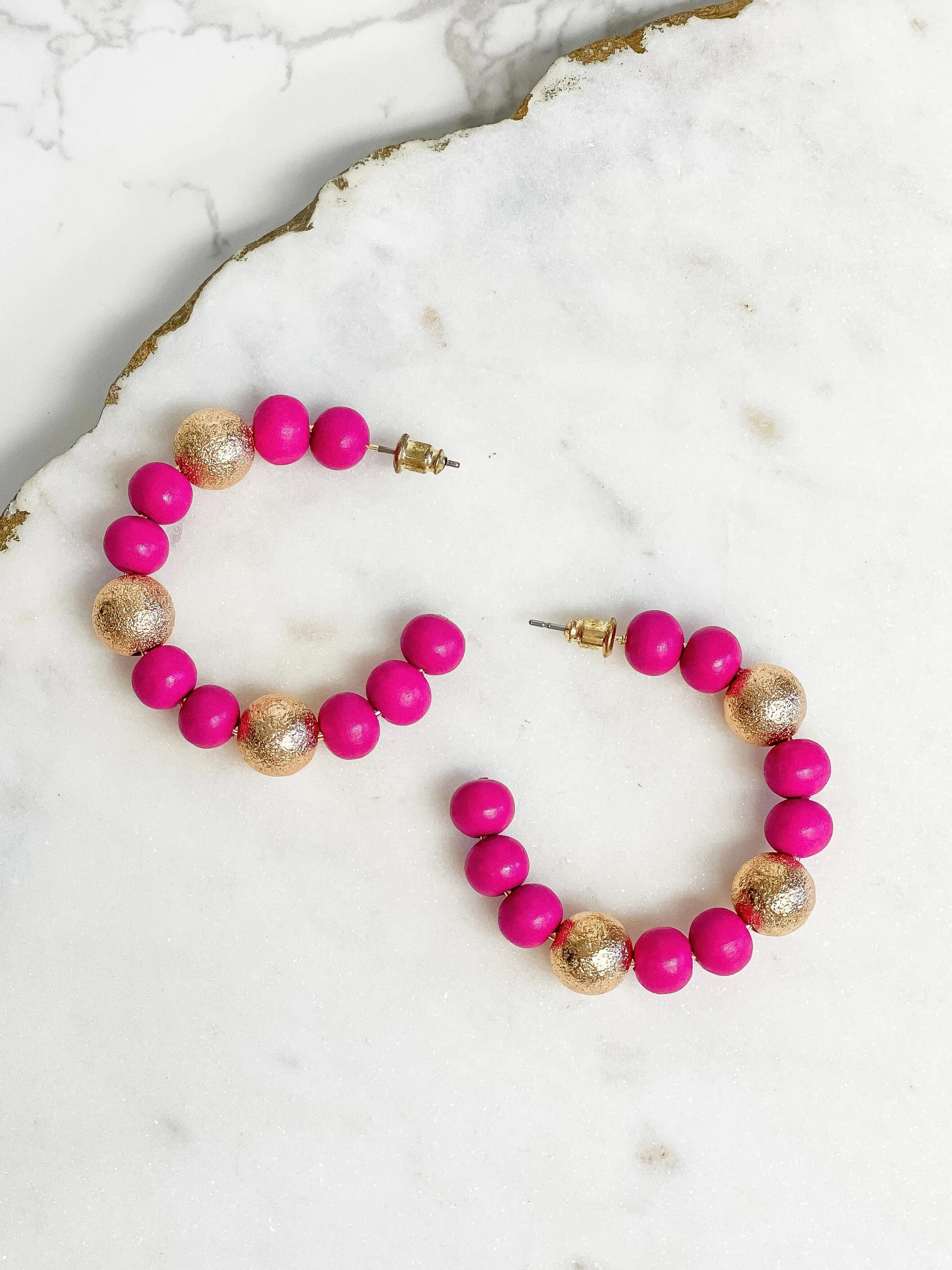 Gold & Color Bead Hoop Earrings - Pink