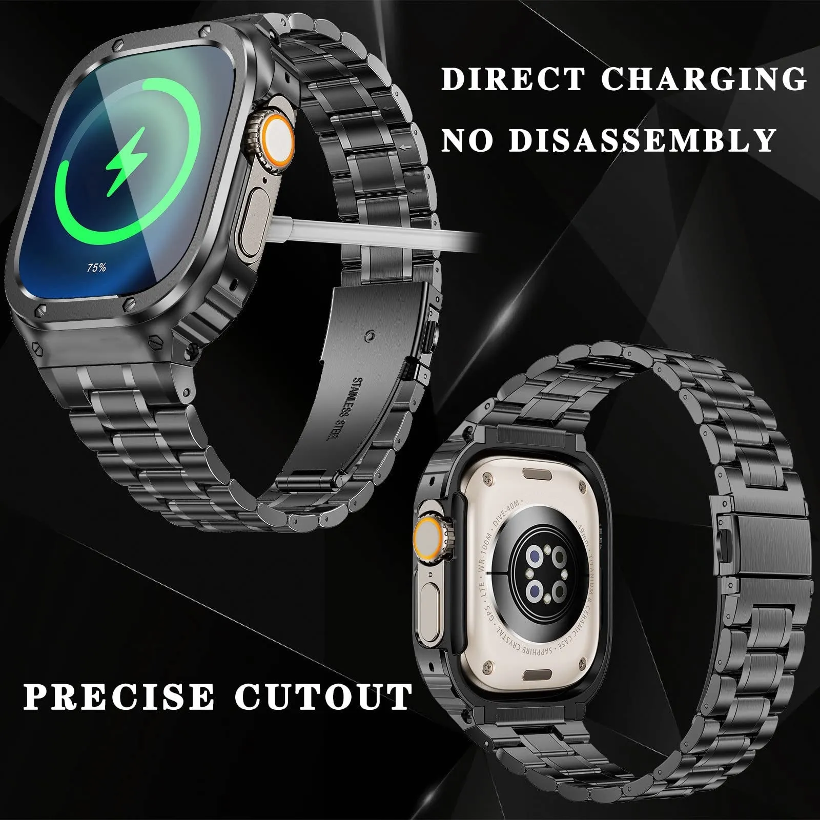 O Ozone - Stainless Steel Watch Band with Case Compatible with Apple Watch Series 9/8/7 (45mm) - Silver