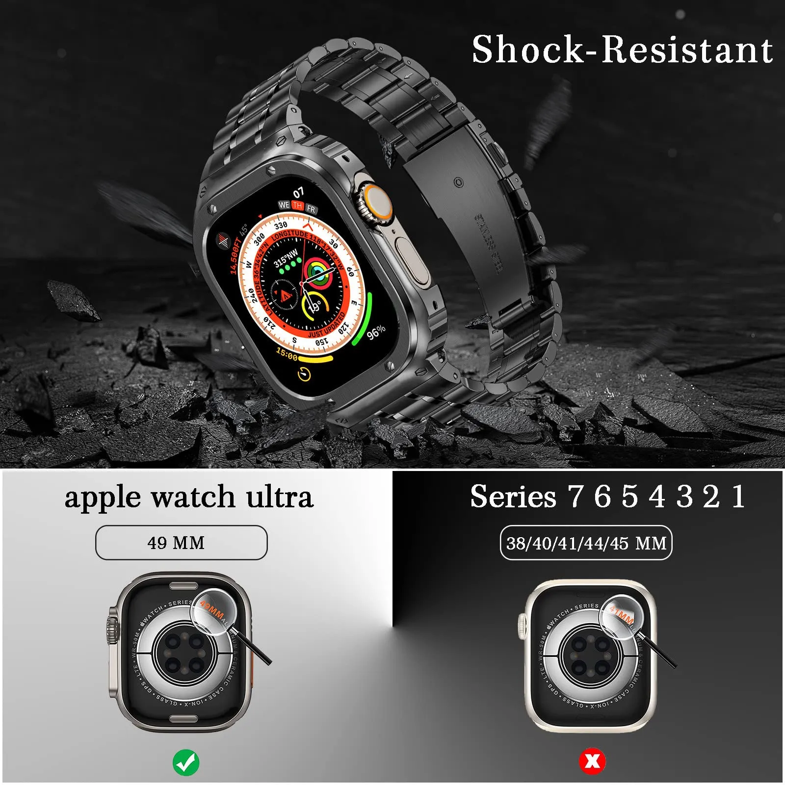 O Ozone - Stainless Steel Watch Band with Case Compatible with Apple Watch Series 9/8/7 (45mm) - Silver
