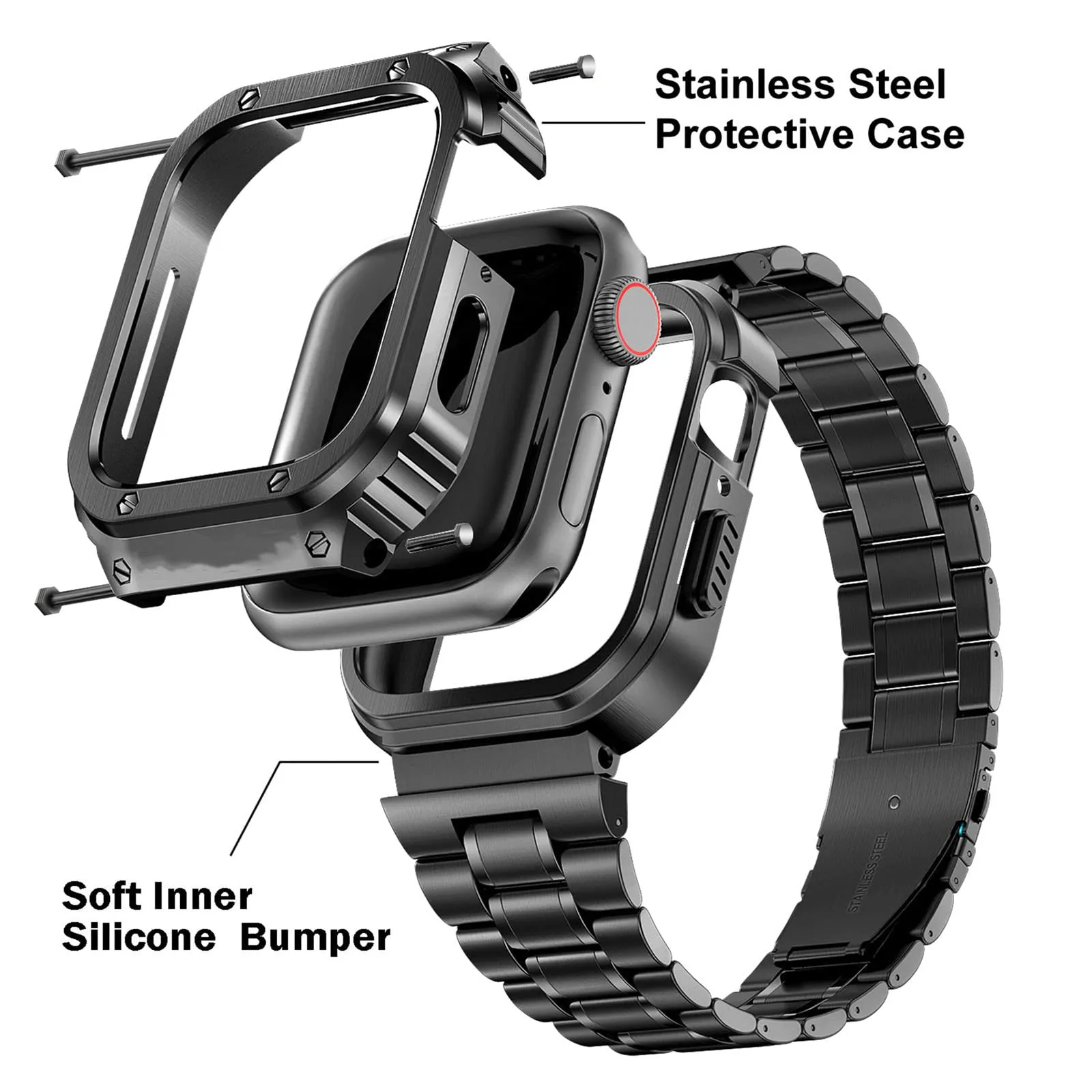 O Ozone - Stainless Steel Watch Band with Case Compatible with Apple Watch Series 9/8/7 (45mm) - Silver