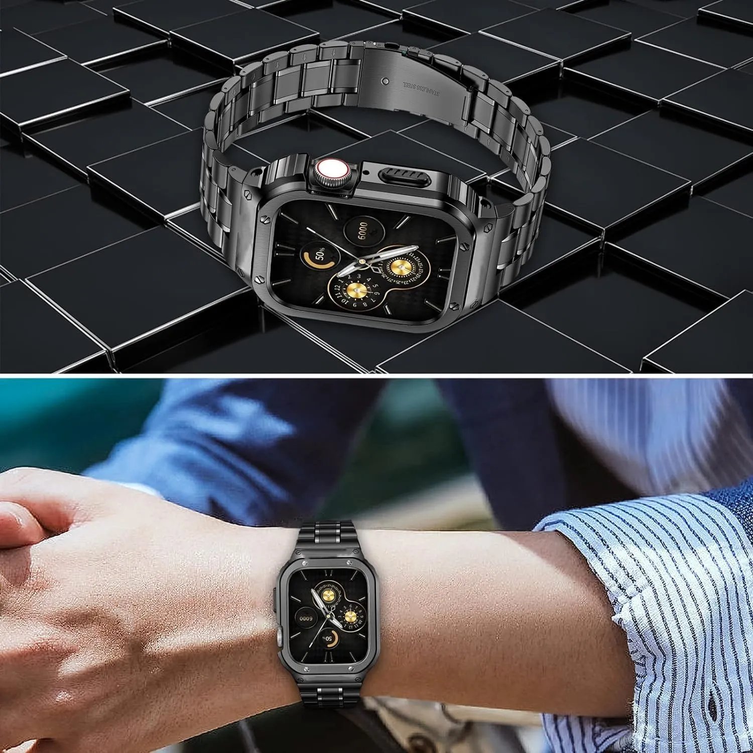O Ozone - Stainless Steel Watch Band with Case Compatible with Apple Watch Series 9/8/7 (45mm) - Silver