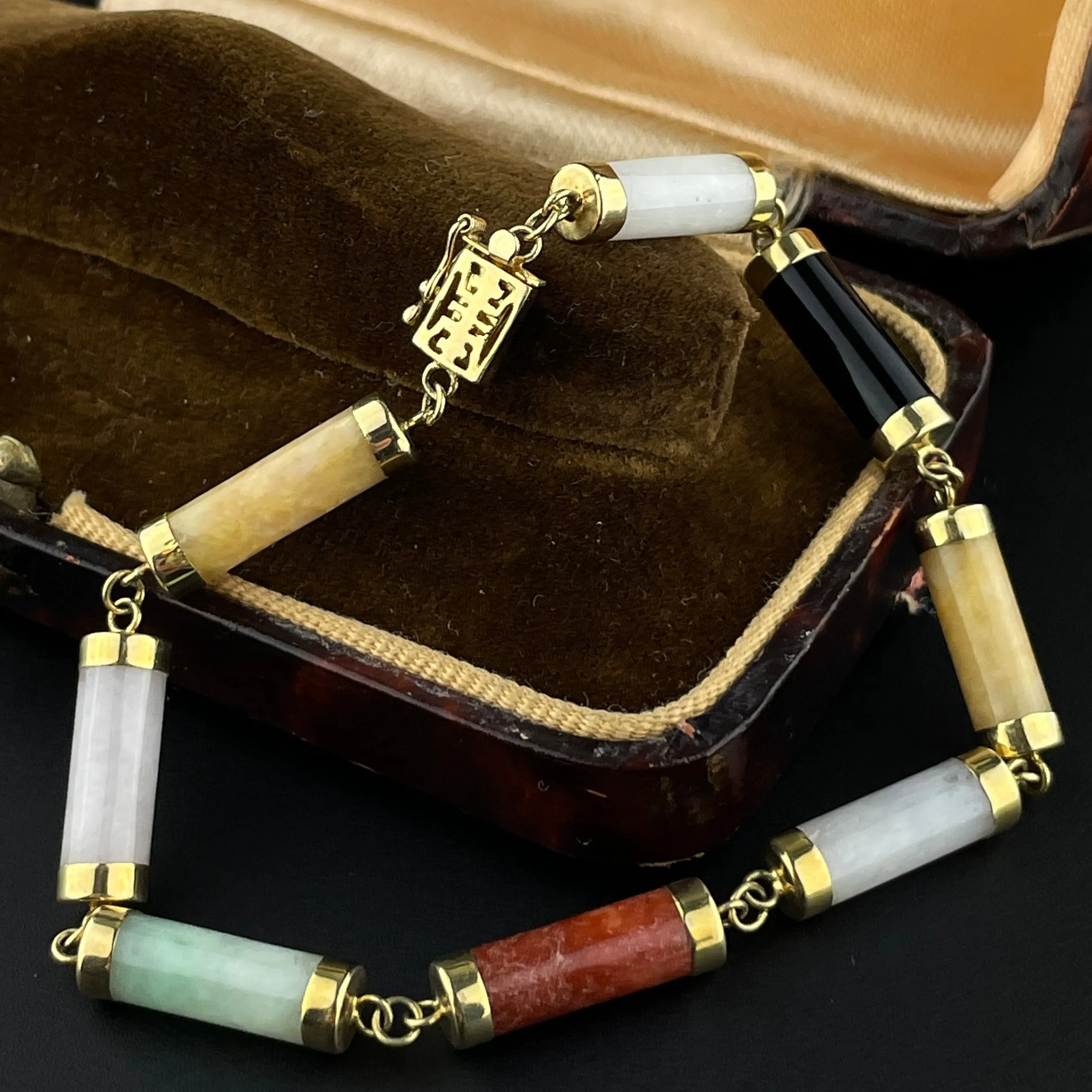 Vintage 14K Gold Multi Color Jadeite Chain Bracelet