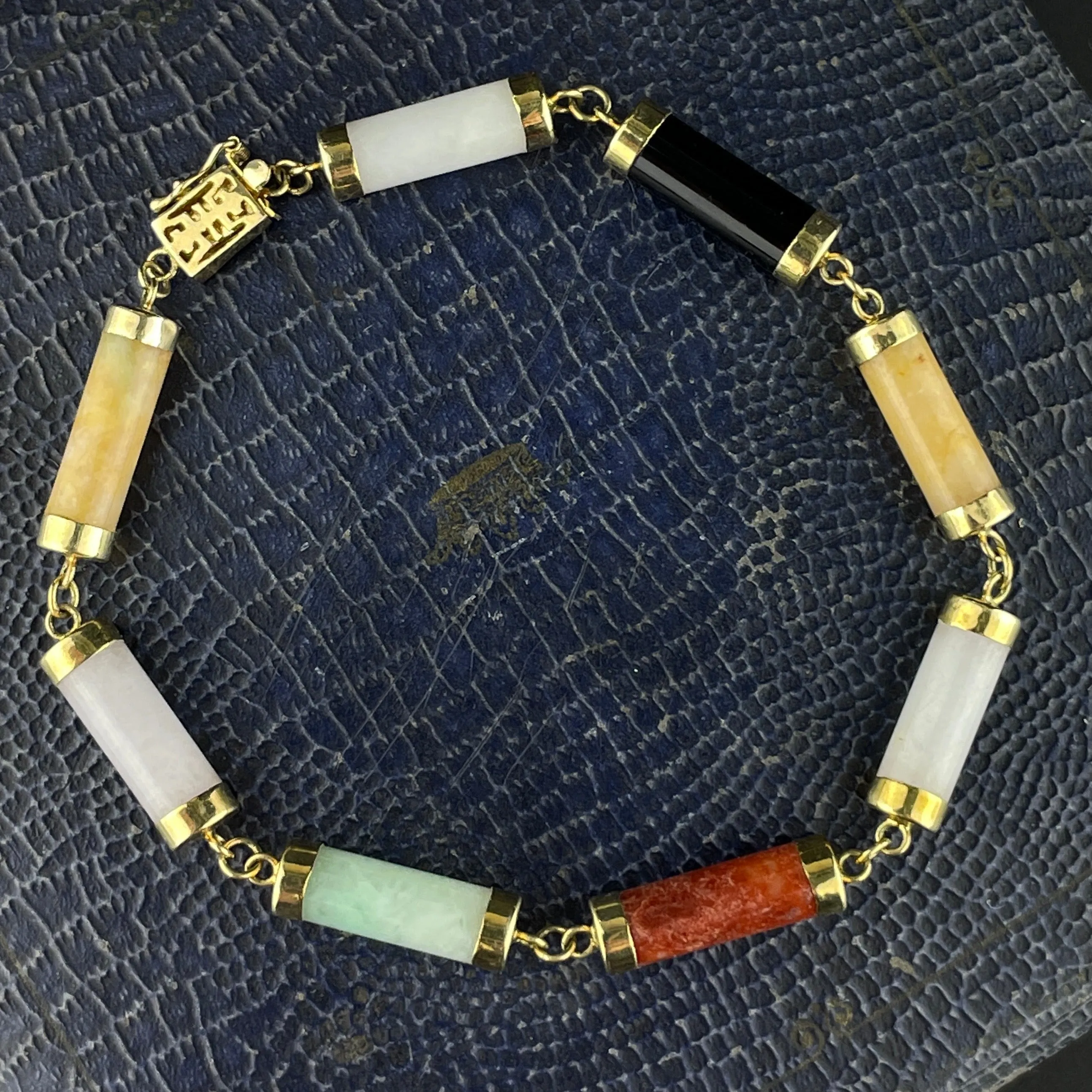 Vintage 14K Gold Multi Color Jadeite Chain Bracelet