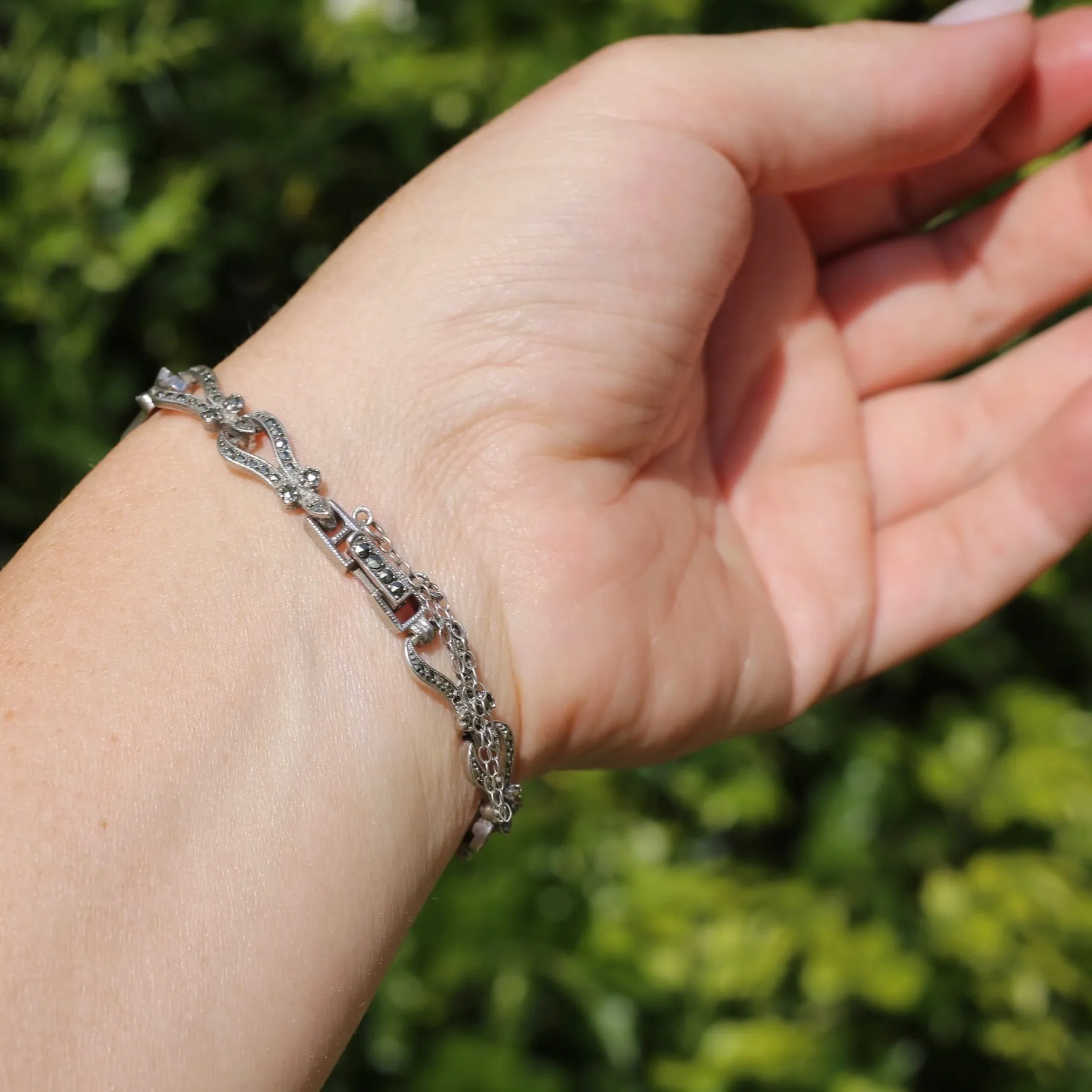 Vintage Fancy Link Sterling Silver & Marcasite Bracelet, 17cm