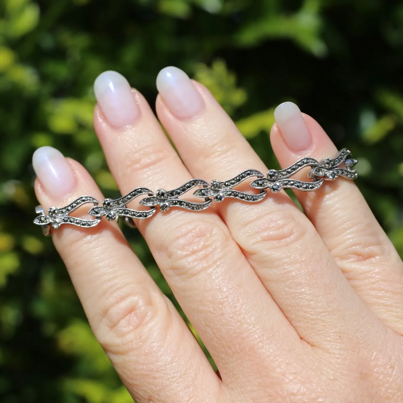 Vintage Fancy Link Sterling Silver & Marcasite Bracelet, 17cm