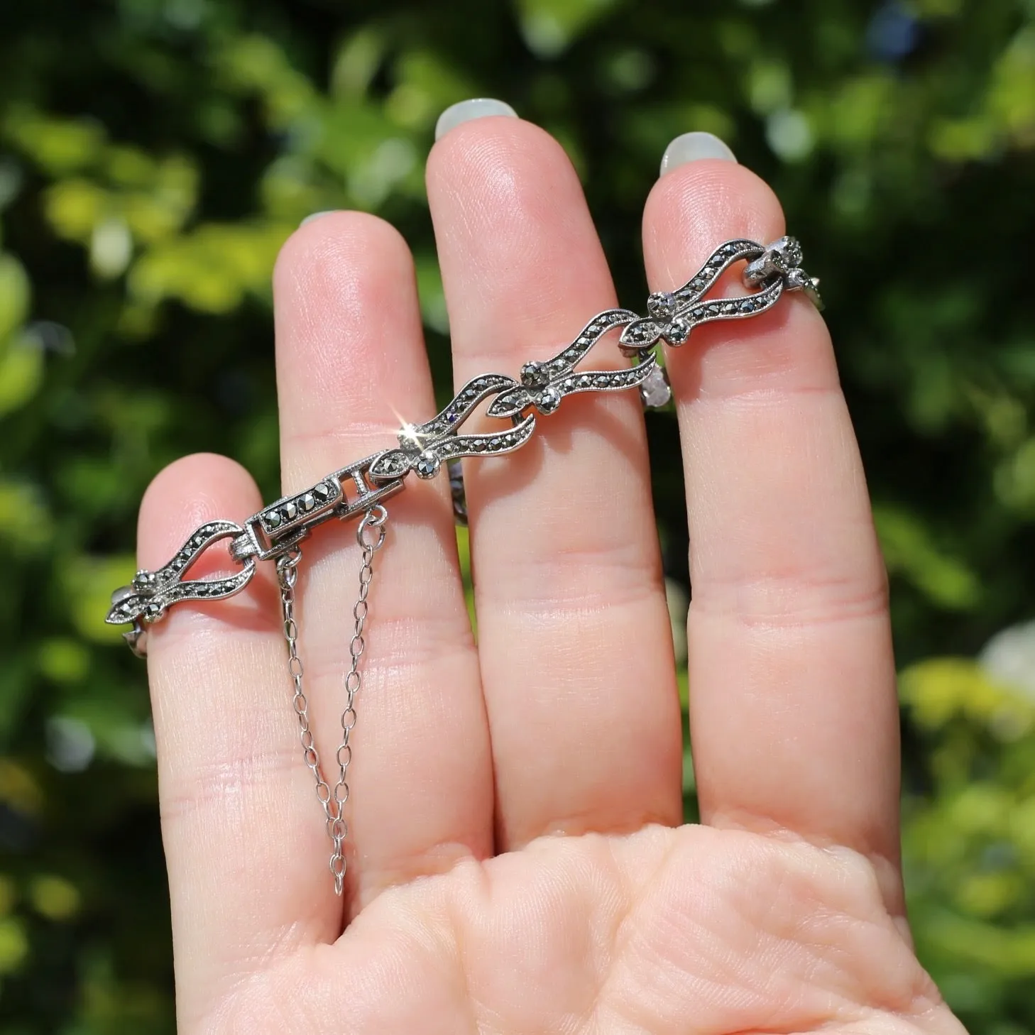 Vintage Fancy Link Sterling Silver & Marcasite Bracelet, 17cm
