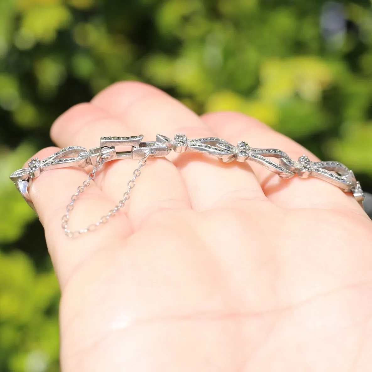 Vintage Fancy Link Sterling Silver & Marcasite Bracelet, 17cm