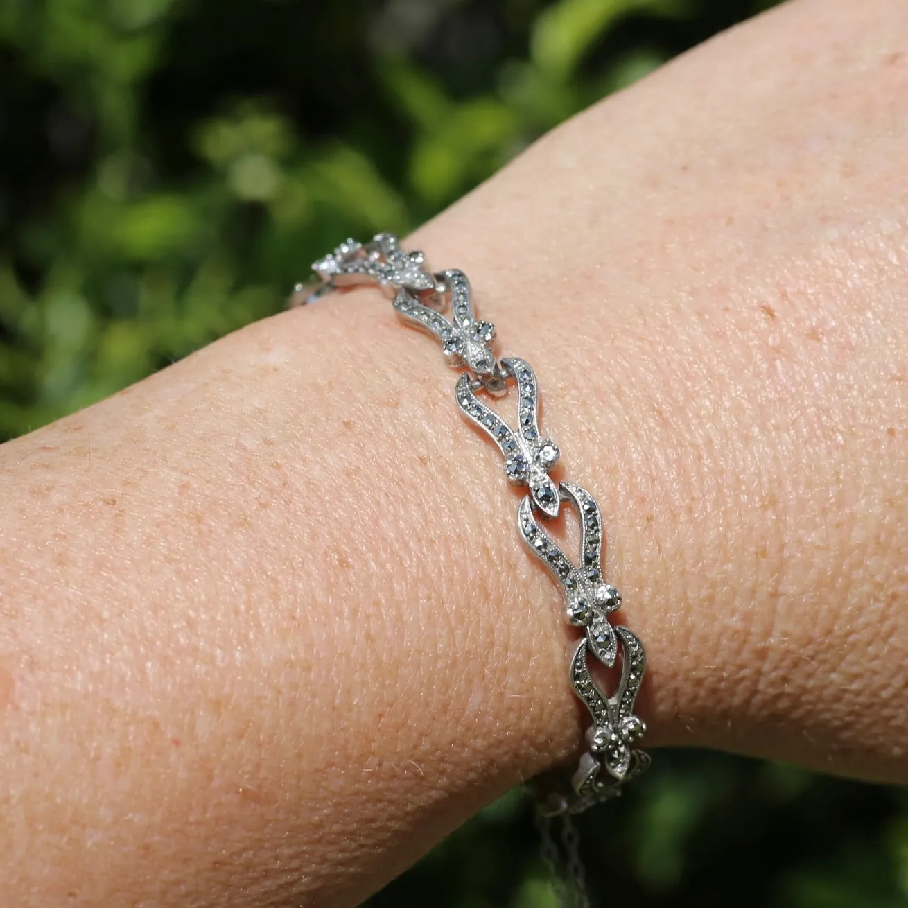 Vintage Fancy Link Sterling Silver & Marcasite Bracelet, 17cm