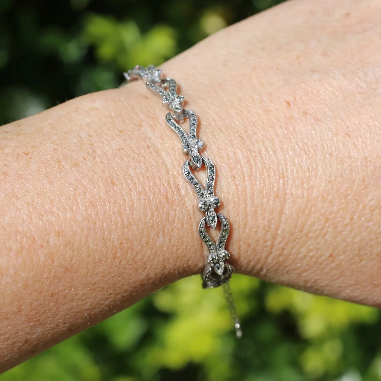 Vintage Fancy Link Sterling Silver & Marcasite Bracelet, 17cm