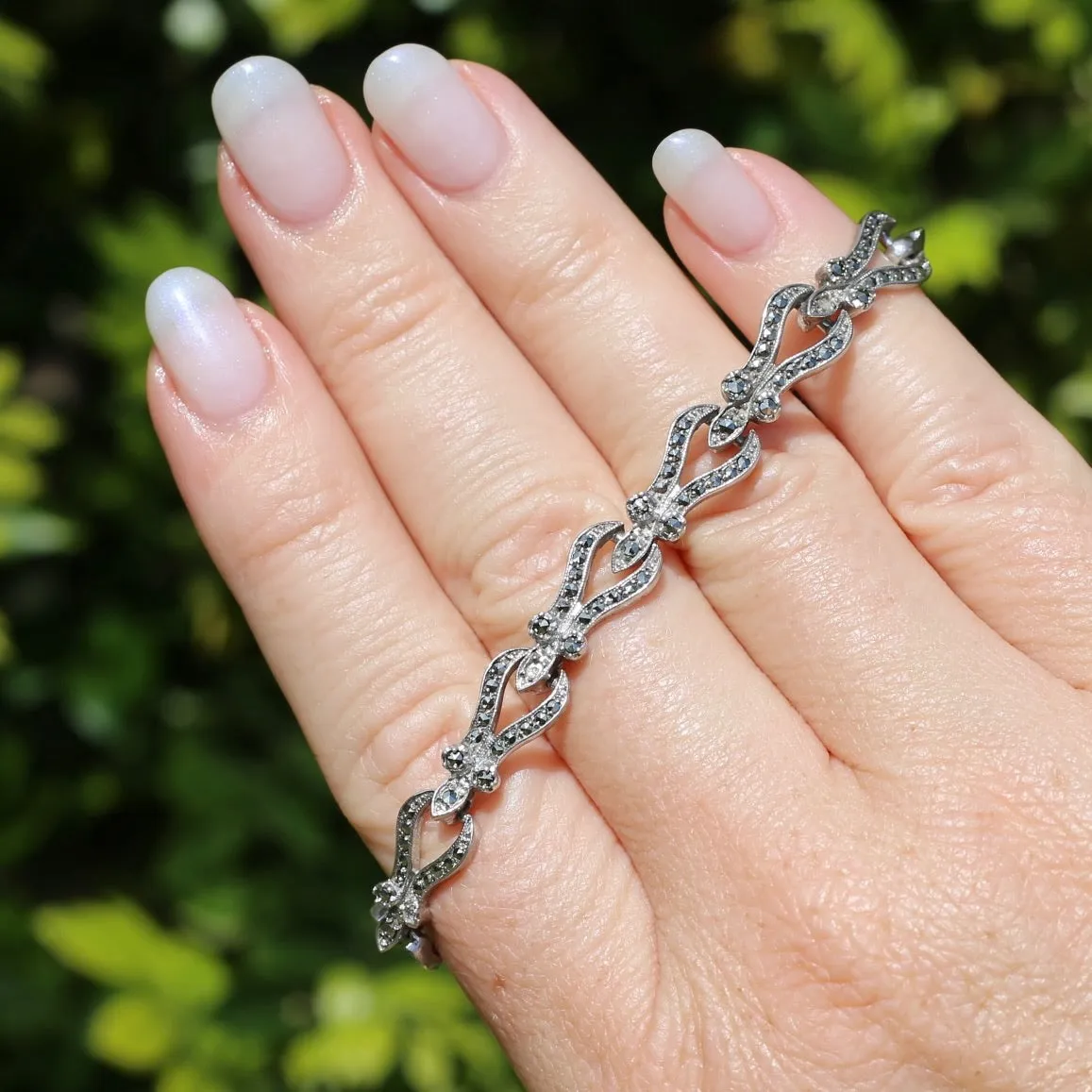 Vintage Fancy Link Sterling Silver & Marcasite Bracelet, 17cm