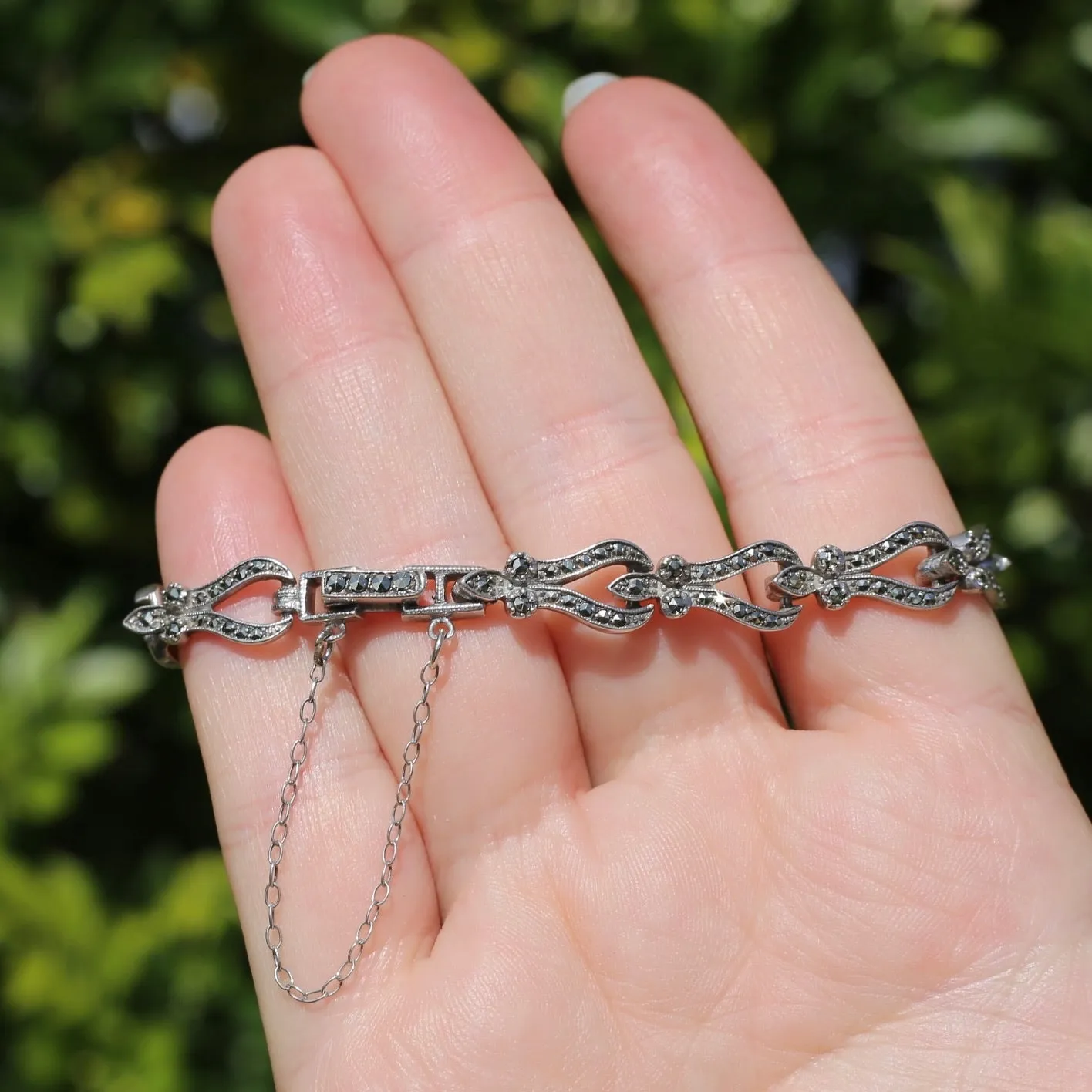 Vintage Fancy Link Sterling Silver & Marcasite Bracelet, 17cm